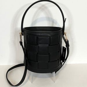 ALFANI Black Faux Leather Woven Large  Bucket Top Handle Handle